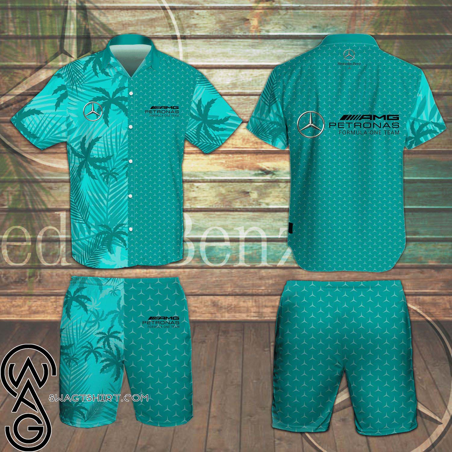 Mercedes AMG Petronas F1 Palm Leaves All Over Print Summer Aloha Summer Beach Hawaiian Shirt And Beach Shorts Version Turquoise