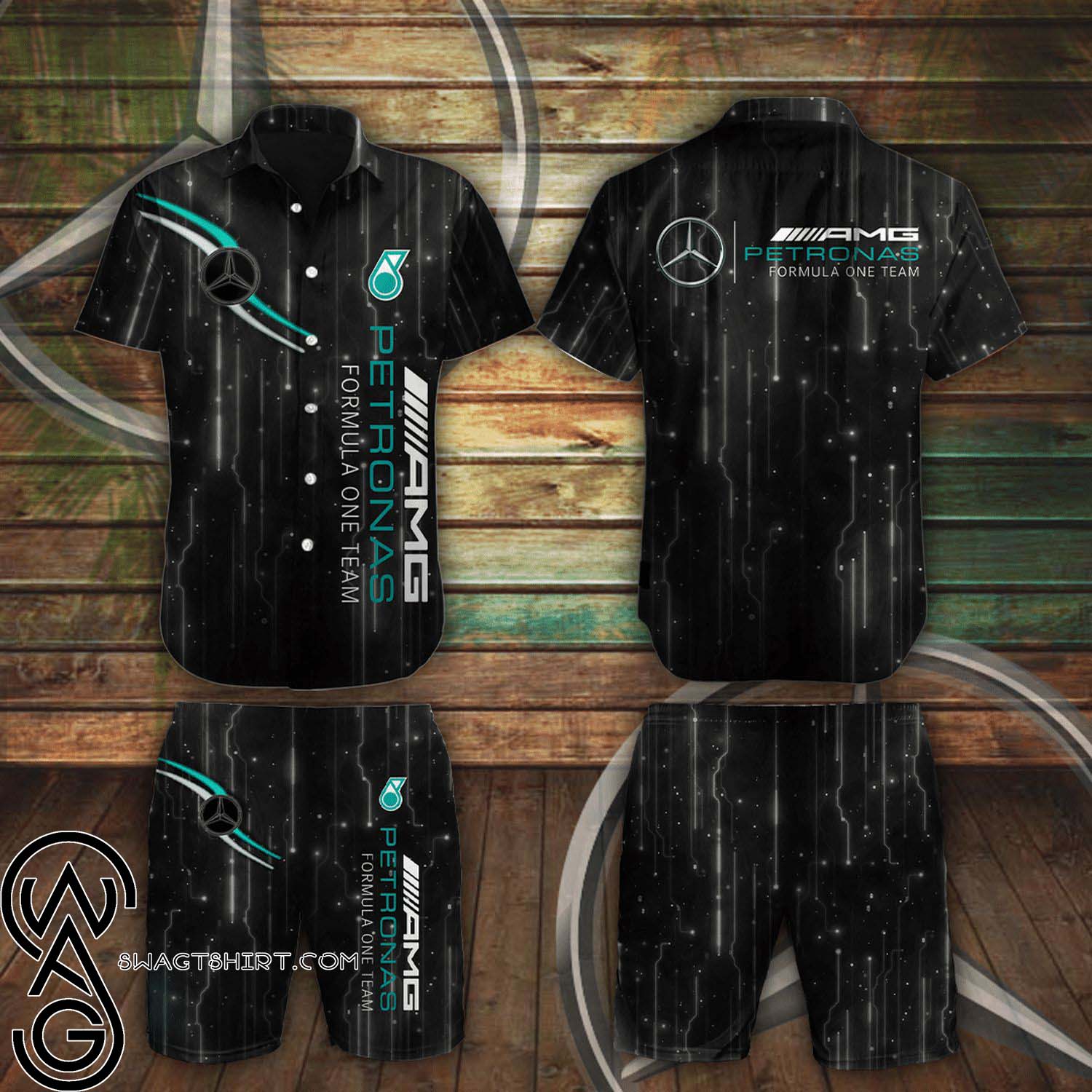 Mercedes AMG Petronas F1 Team All Over Print Summer Floral Aloha Summer Beach Hawaiian Shirt And Beach Shorts Version Turquoise