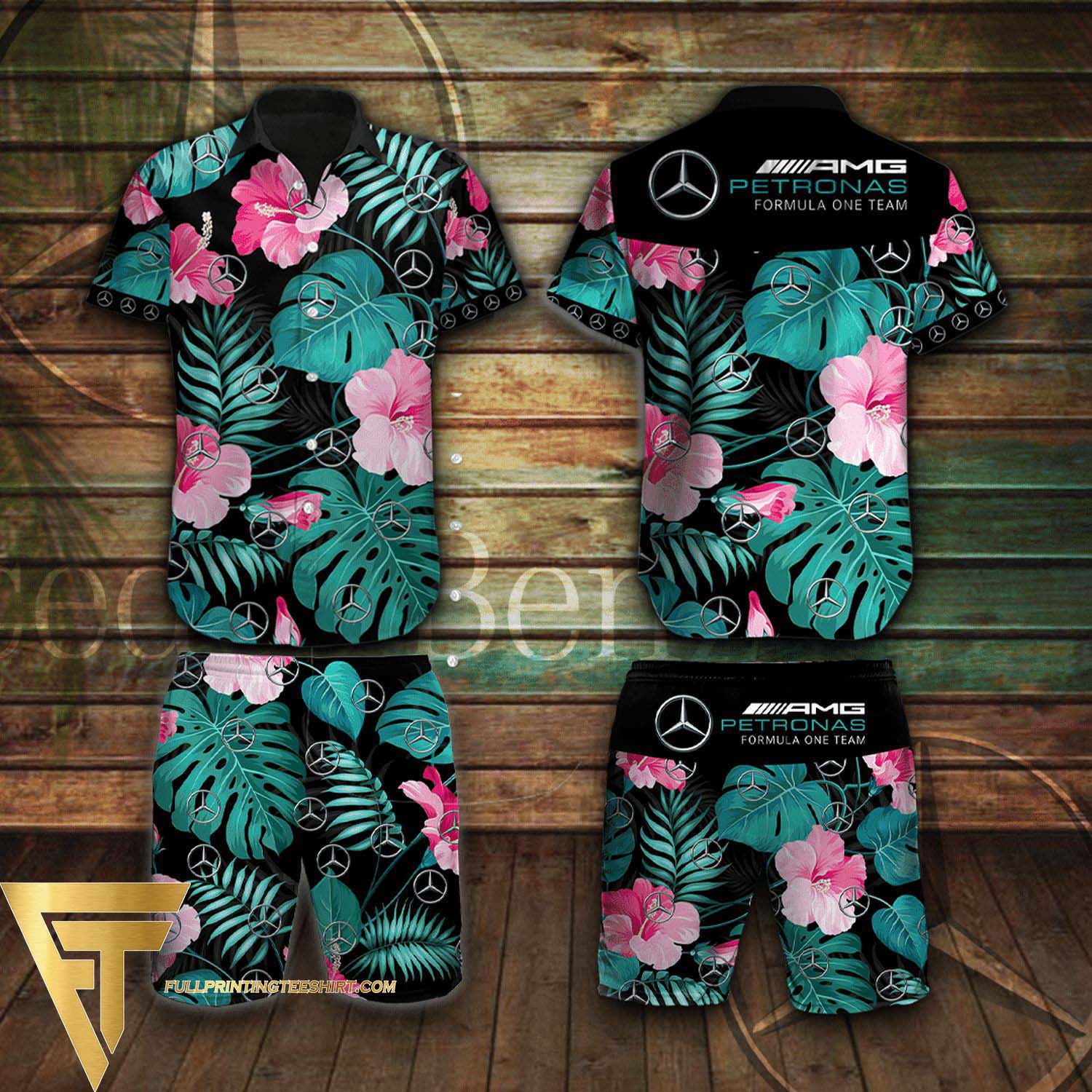 Mercedes AMG Petronas F1 Team Palm Tree All Over Print Summer Aloha Summer Beach Hawaiian Shirt And Beach Shorts Version Black Turquoise