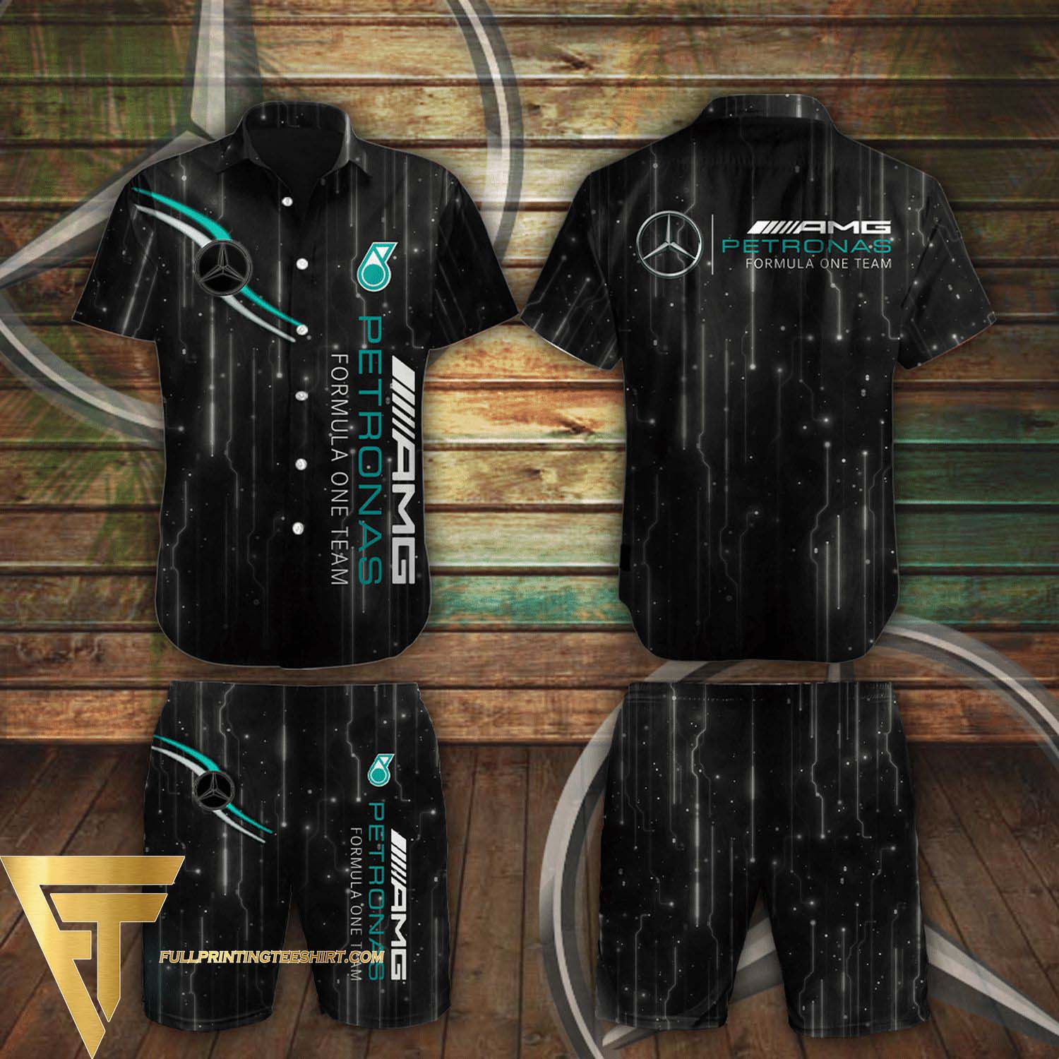 Mercedes AMG Petronas F1 Team All Over Print Aloha Galaxy Summer Vacation Hawaiian Shirt And Beach Shorts