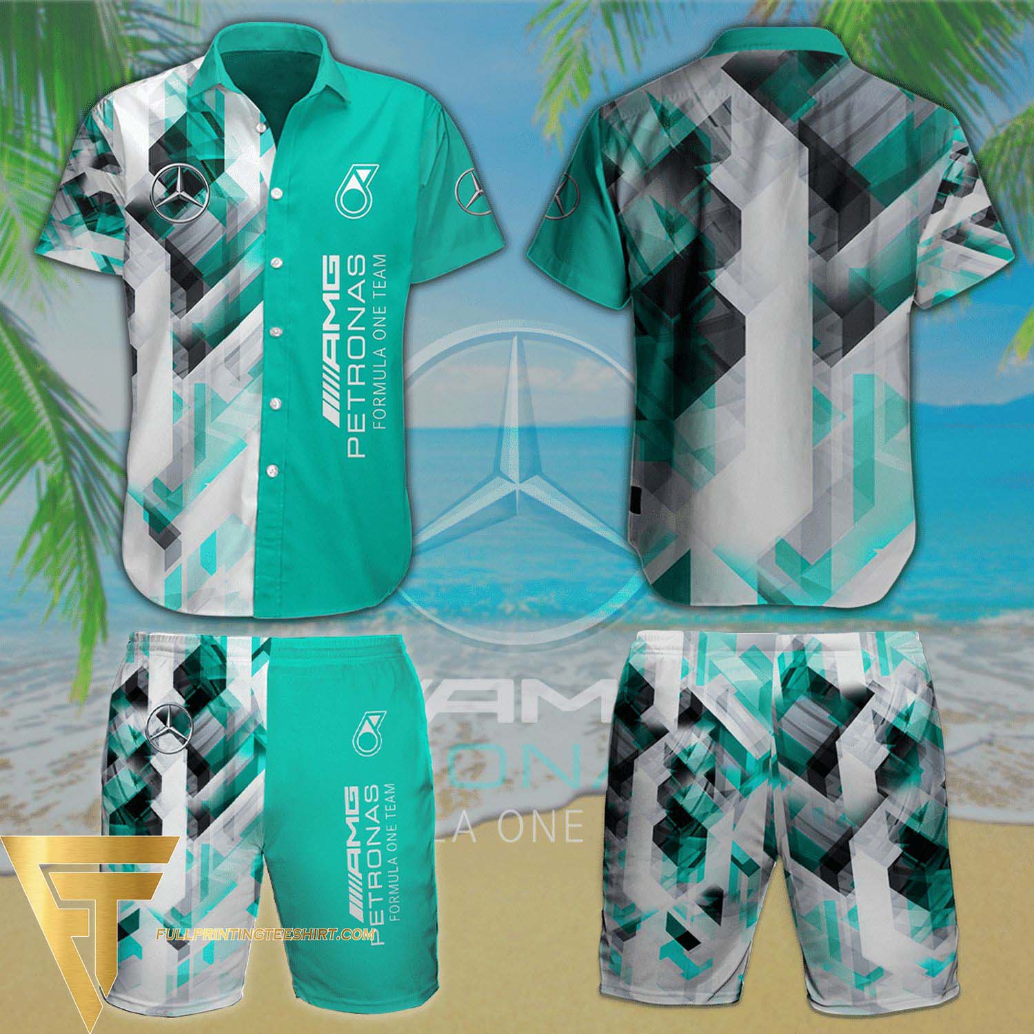 Mercedes AMG Petronas F1 Team All Over Print Aloha Galaxy Summer Vacation Hawaiian Shirt And Beach Shorts