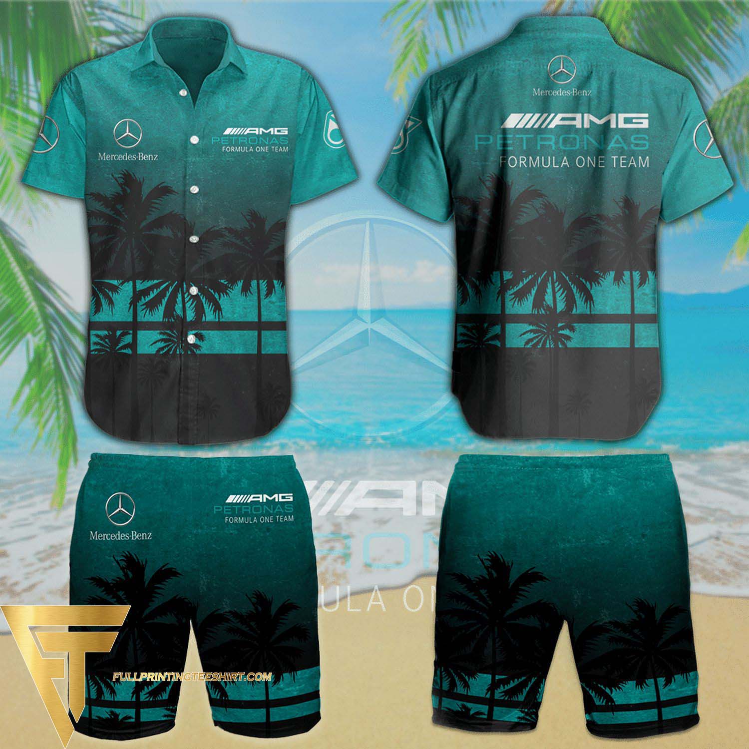 Mercedes AMG Petronas F1 Team Geometric Pattern All Over Print Summer Aloha Summer Beach Hawaiian Shirt And Beach Shorts Version Turquoise