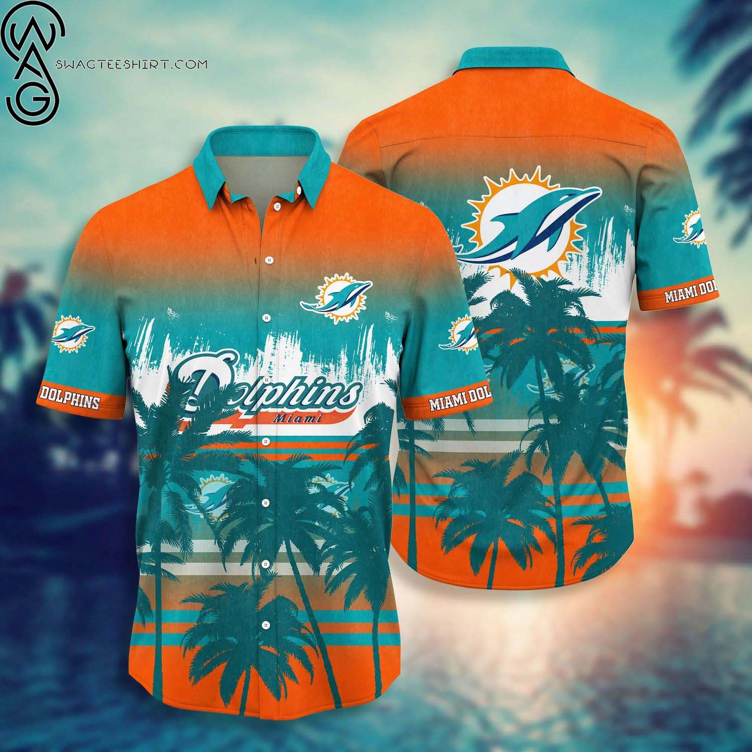 Miami Dolphins Coconut Leaves And Skulls Summer Aloha Hawaiian Shirt