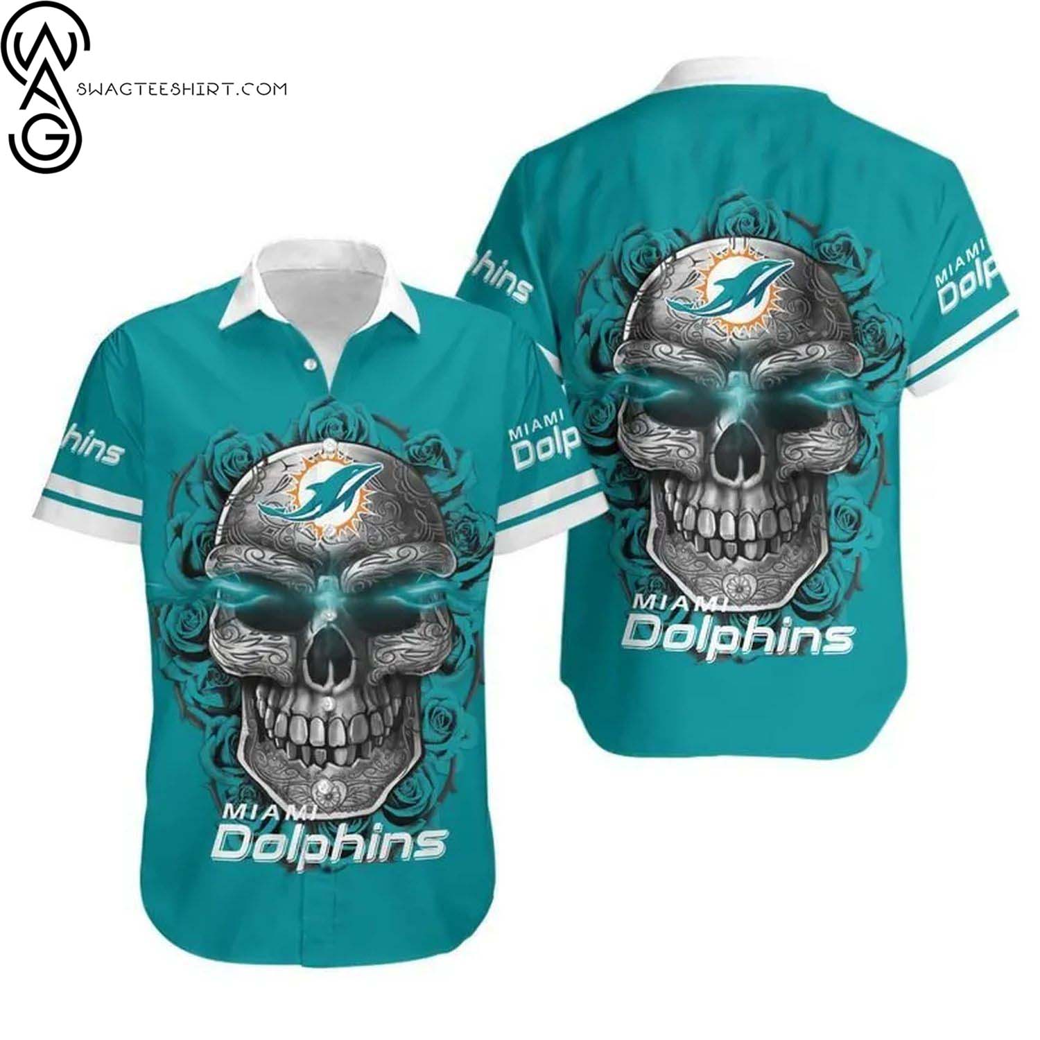 Miami Dolphins Stripes And Skull Summer Aloha Hawaiian Shirt