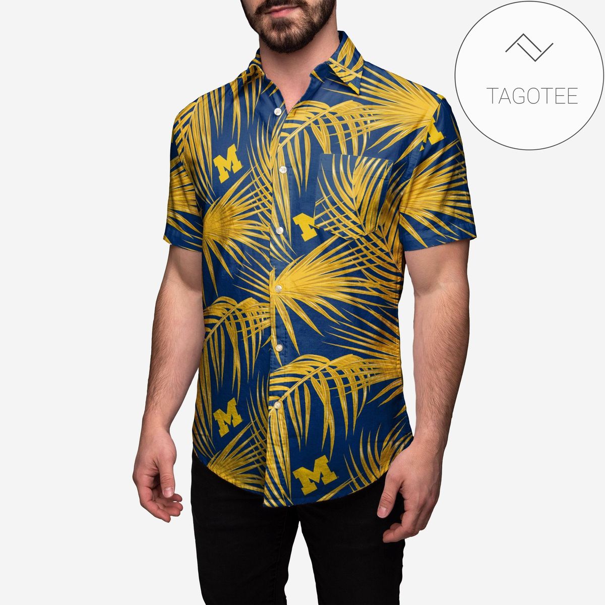 Michigan Wolverines Football Logo Authentic Hawaiian Shirt 2022 Summer Button Up Shirt For Men Beach Wear Short Sleeve Authentic Hawaiian Shirt 2022