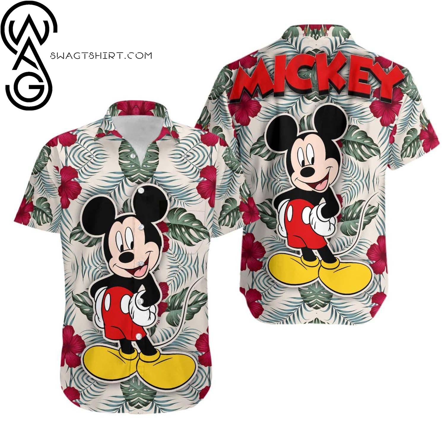 Mickey And Minnie Tropical Blue Flower Full Printing Hawaiian Shirt