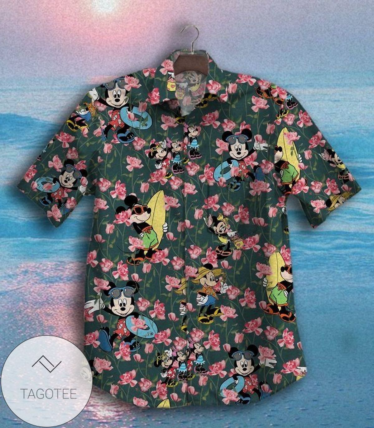 Mickey Leaf Green Graphic Print Short Sleeve Hawaiian Shirt