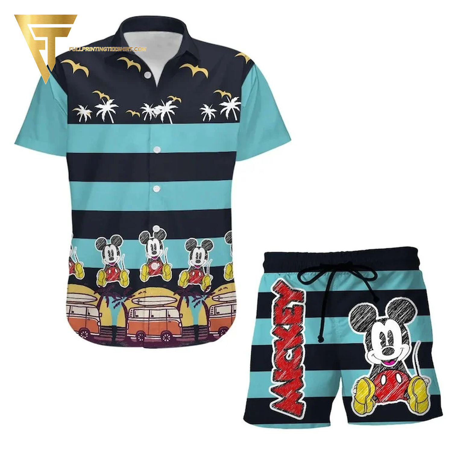 Mickey mouse and friends all over print hawaiian shirts and beach shorts