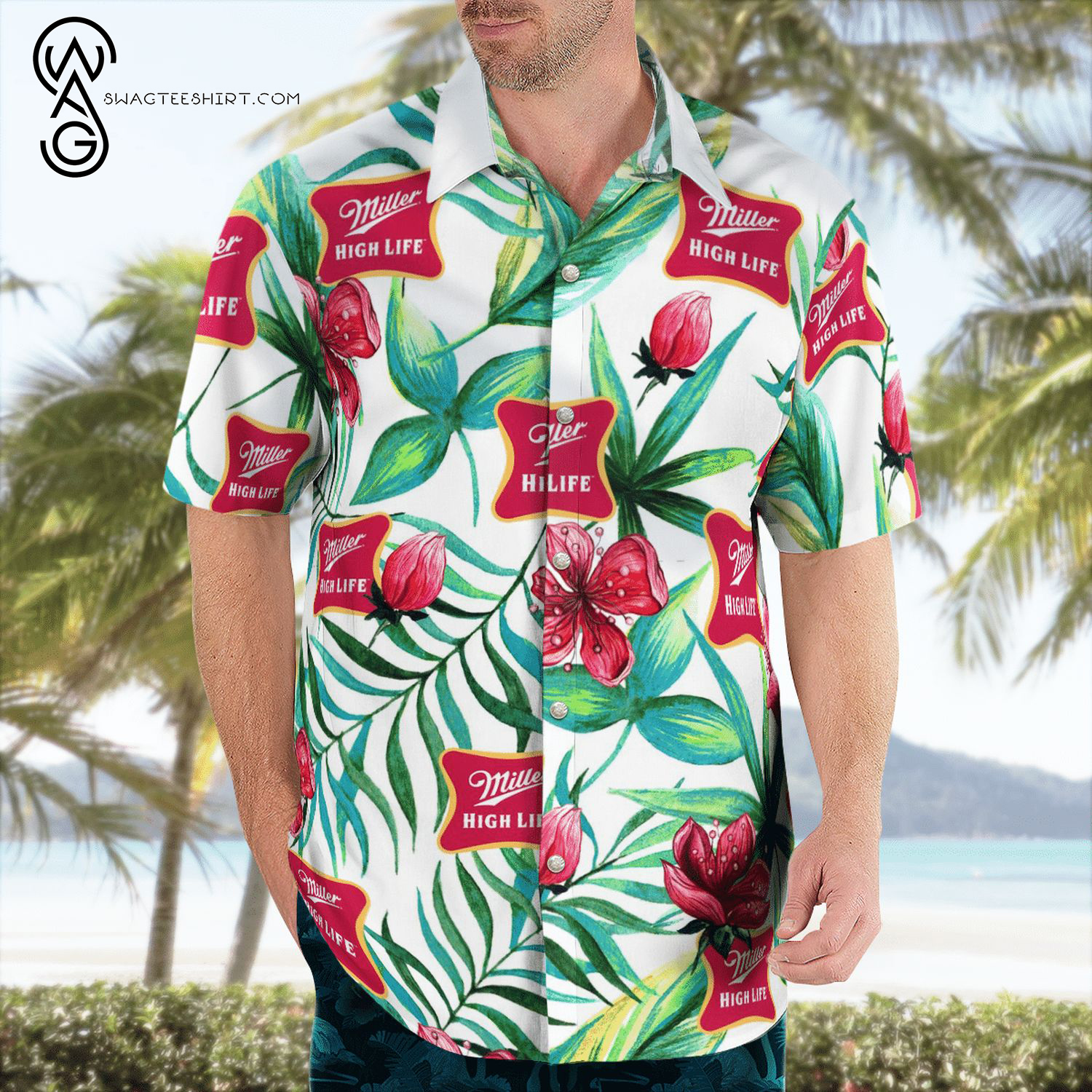 Miller High Life Palm Tree Pattern All Over Print Summer Vacation Hawaiian Shirt