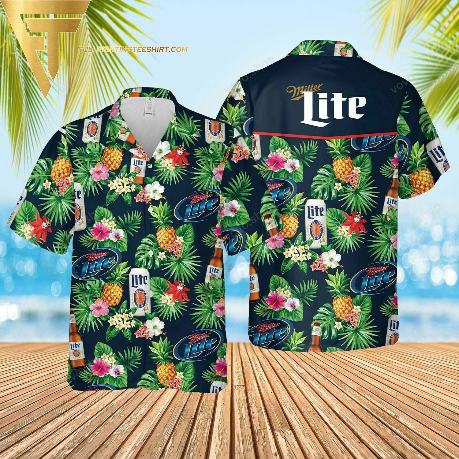 Miller Lite Palm Tree Pattern All Over Print Summer Vacation Hawaiian Shirt