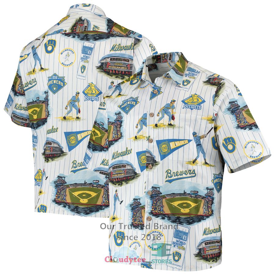 Milwaukee Brewers Tommy Bahama Jungle Shade Silk Camp Navy Hawaiian Shirt