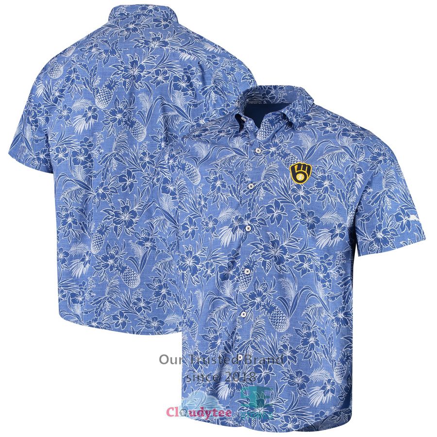 Milwaukee Brewers Tommy Bahama Sport Tiki Luau Light Blue Hawaiian Shirt