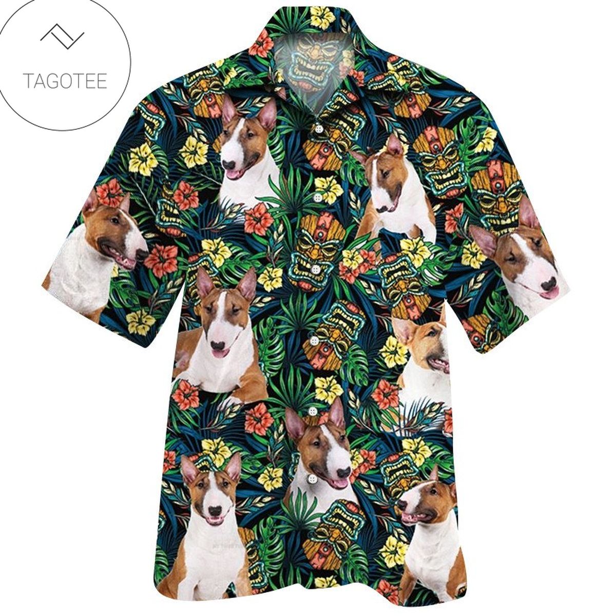 Miniature Bull Terrier Dog Lovers Halloween Night Hawaiian Graphic Print Short Sleeve Hawaiian Shirt