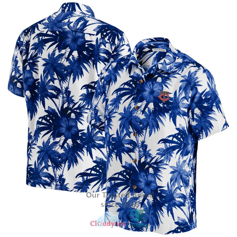 Minnesota Twins Tommy Bahama Jungle Shade Silk Camp Navy Hawaiian Shirt