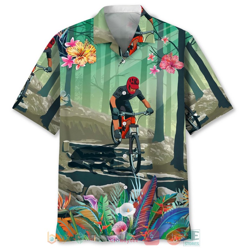 Mountain Bike Orange Tropical Hawaiian Shirt