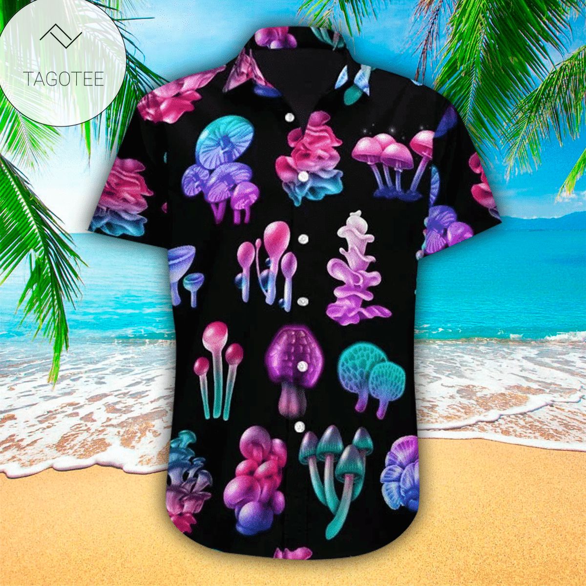 Mushroom Trippy Psychedelic Summer Vacation Hawaiian Graphic Print Short Sleeve Hawaiian Shirt