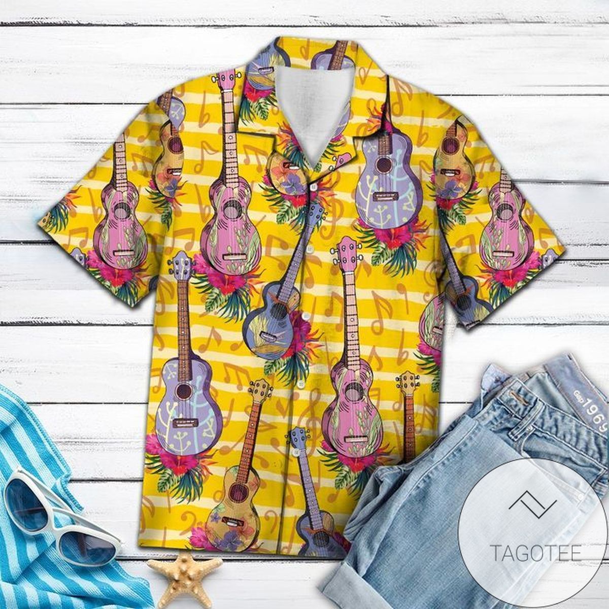 Musical Note Guitar Hawaiian Graphic Print Short Sleeve Hawaiian Shirt