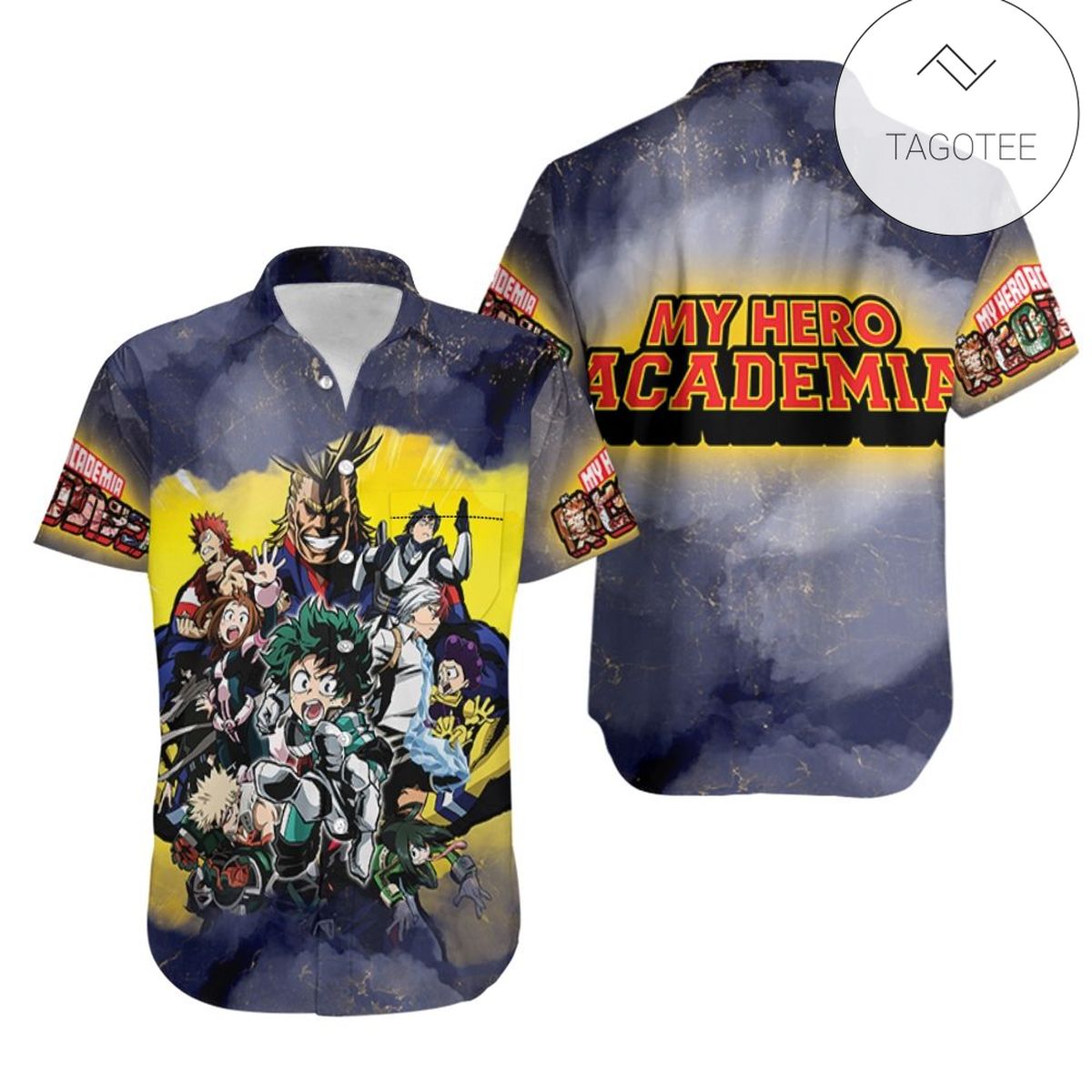 My Hero Academia All Main Characters Blue Hawaiian Graphic Print Short Sleeve Hawaiian Shirt