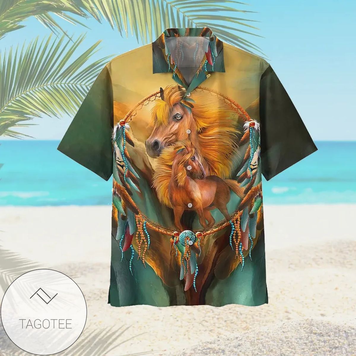 Native American Horse Hawaiian Graphic Print Short Sleeve Hawaiian Casual Shirt