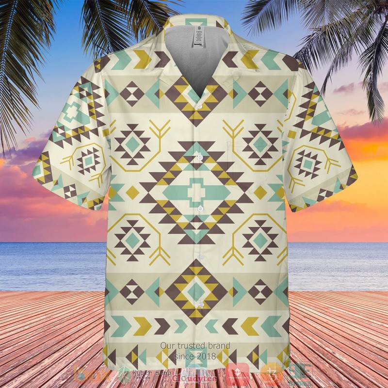 Native Pattern cream color light blue Hawaiian shirt