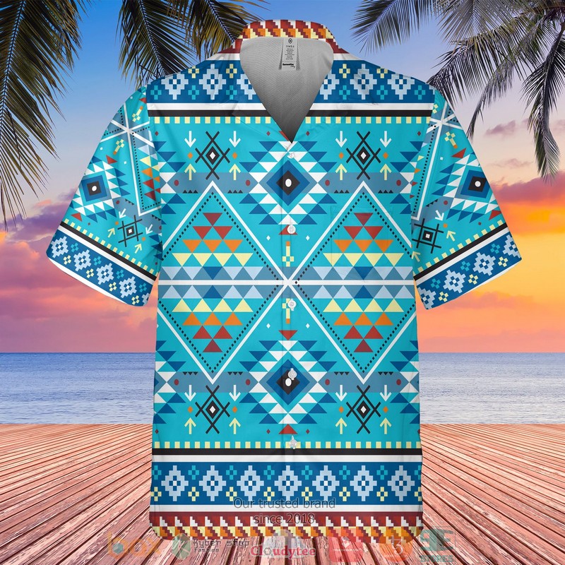 Native Pattern cyan white Hawaiian shirt