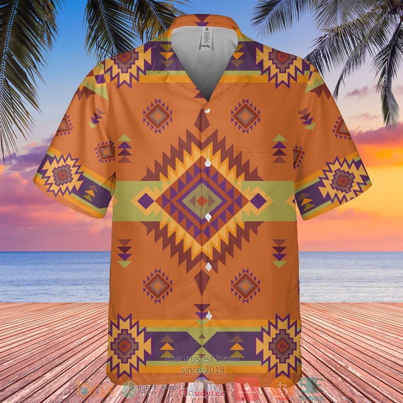 Native Pattern orange khaki Hawaiian shirt