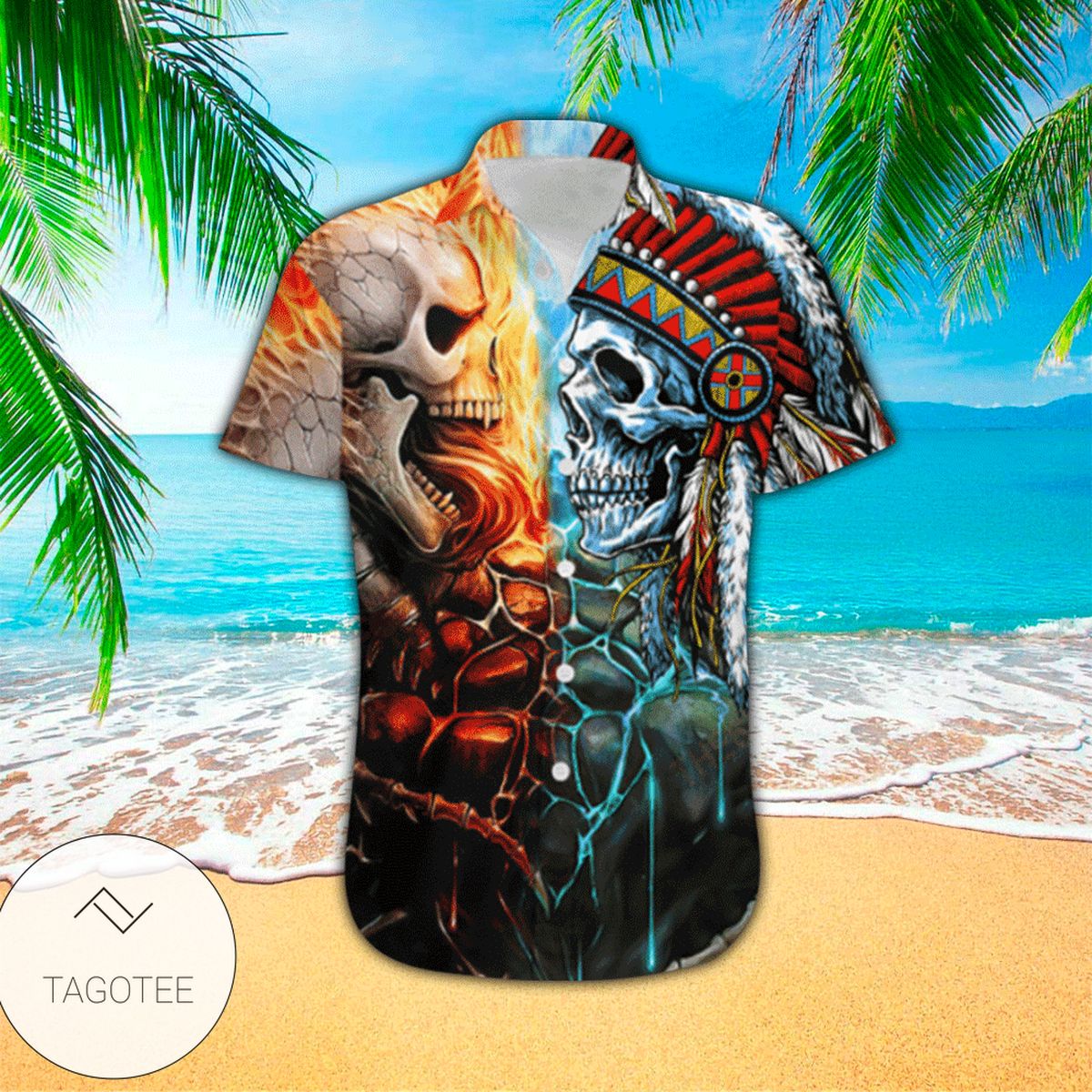 Native Skull Native Blood Runs Through My Veins Graphic Print Short Sleeve Hawaiian Casual Shirt