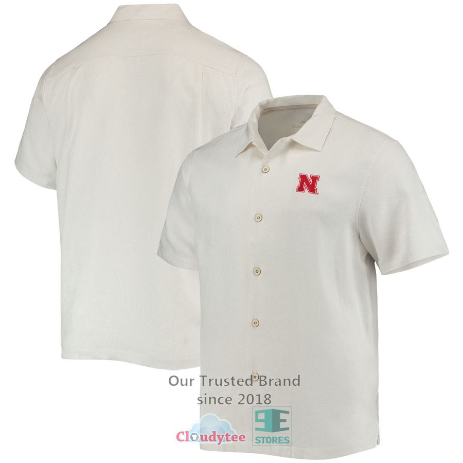 Nebraska Huskers Tommy Bahama Run Like You Stole It Camp White Hawaiian Shirt