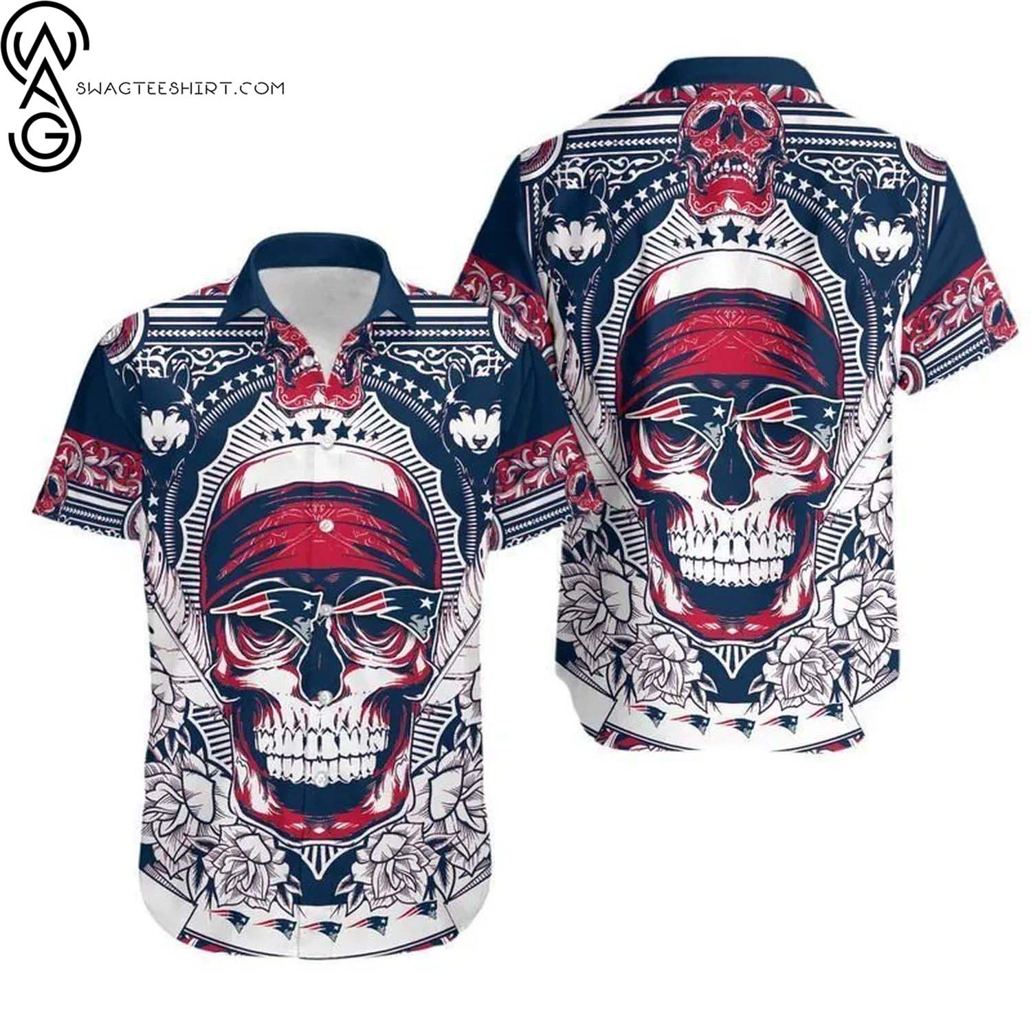 New England Patriots Skull And Hibiscus Flower Summer Aloha Hawaiian Shirt