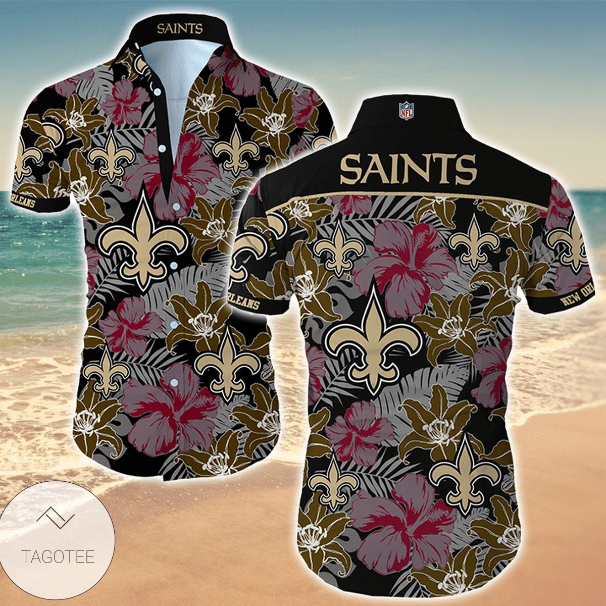 New Orleans Saints Hawaiian Shirt Tropical Flower Short Sleeve Slim Fit Gift For Fans Nfl