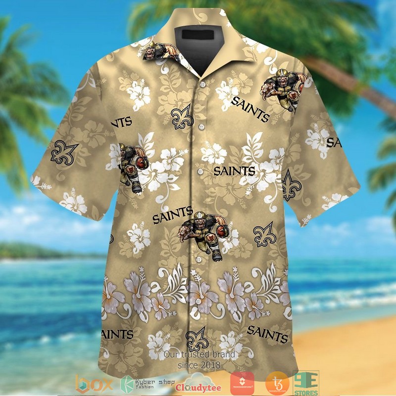 New Orleans Saints hibiscus leaf square pattern Hawaiian Shirt, Short