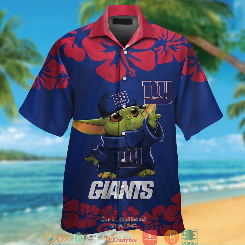 New York Giants Baby Yoda Red Hibiscus Hawaiian Shirt, Short