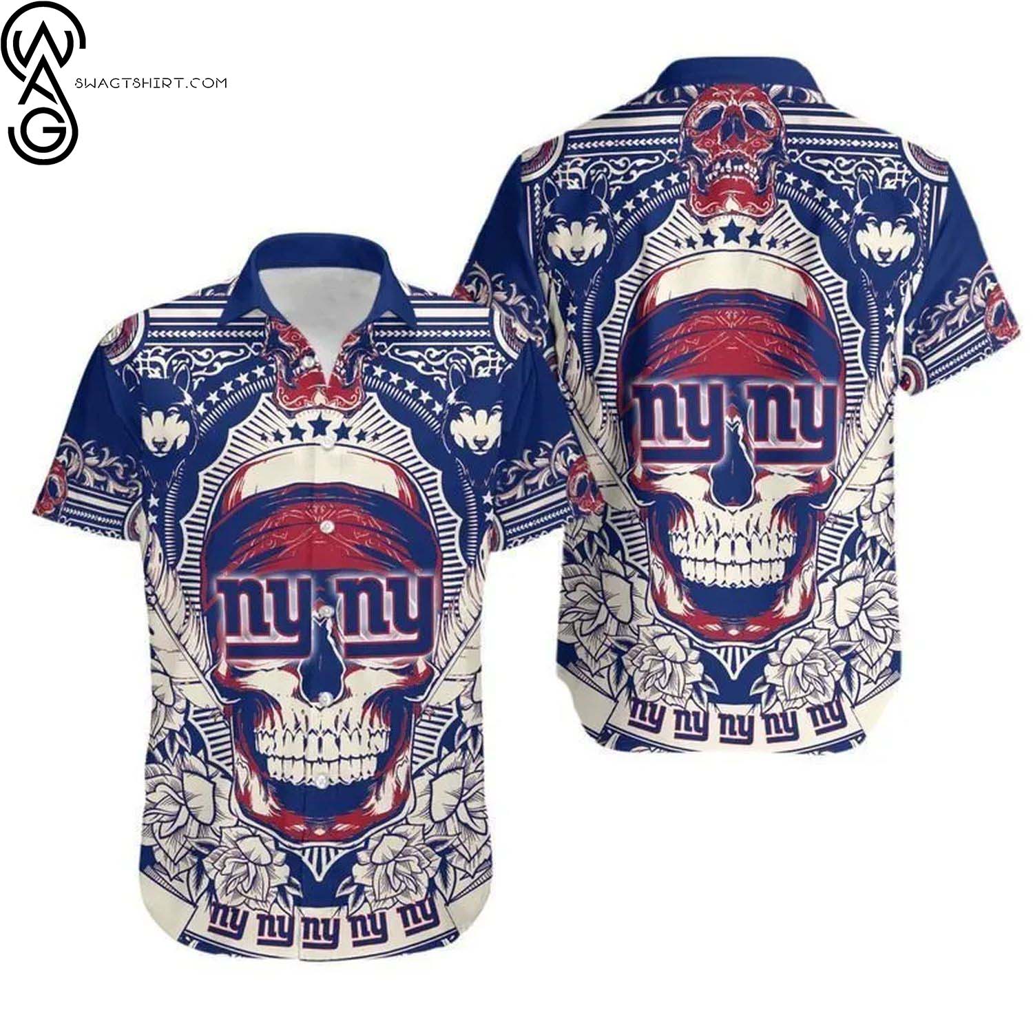 New York Giants Mystery Skull And Flower Summer Aloha Hawaiian Shirt