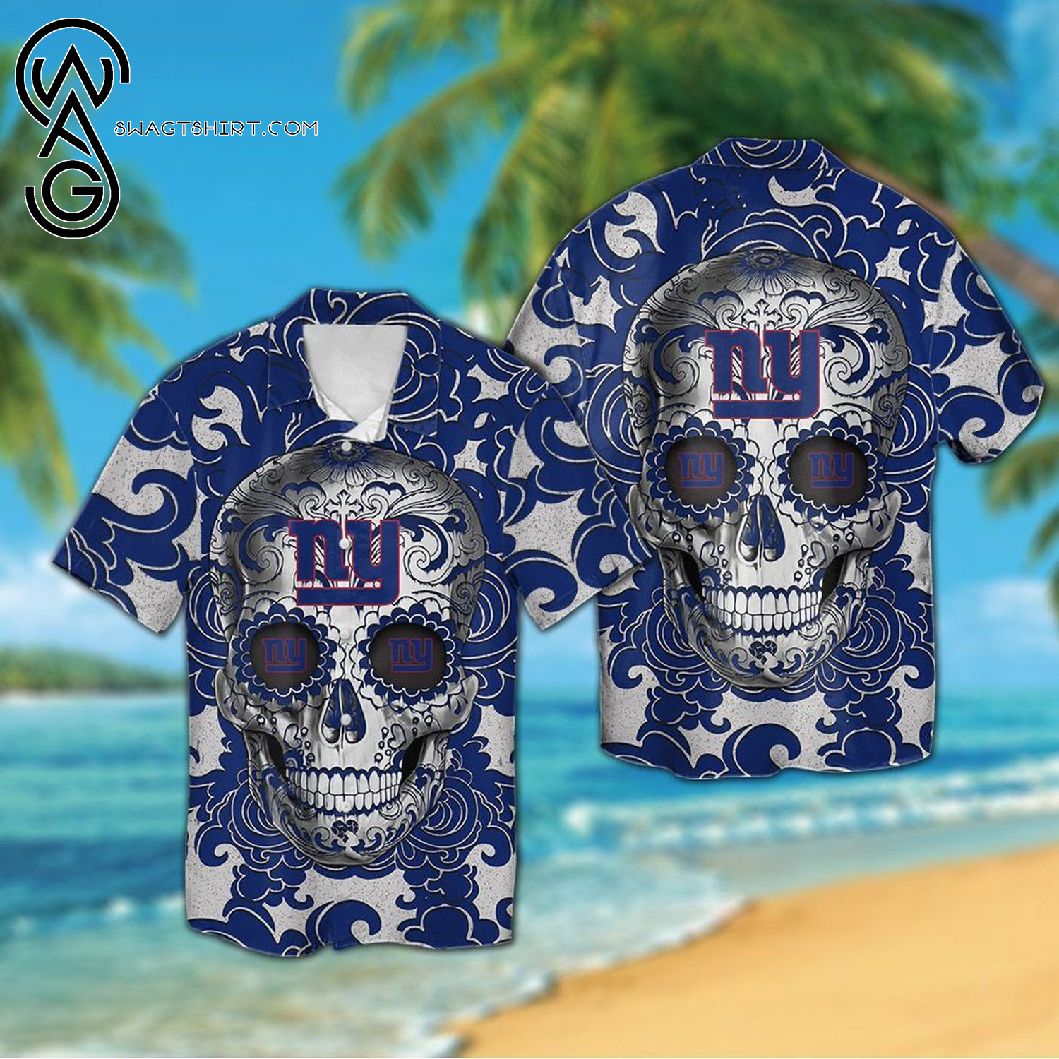 New York Giants Sugar Skull Flower Summer Aloha Hawaiian Shirt