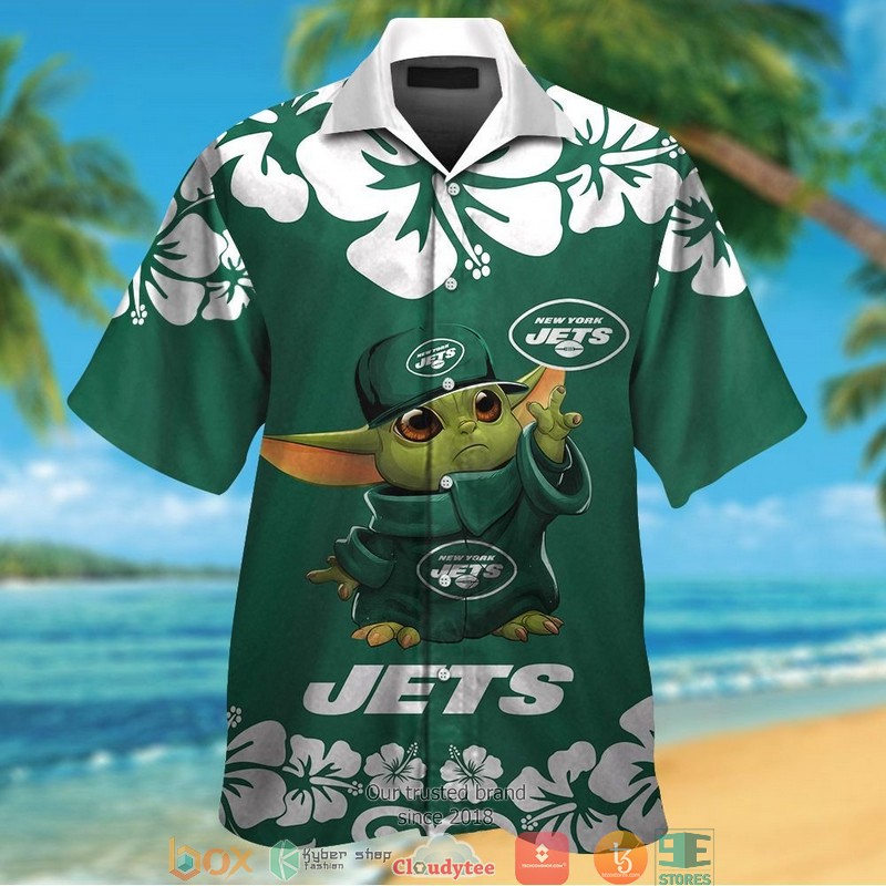 New York Jets Baby Yoda Hibiscus Hawaiian Shirt, Short