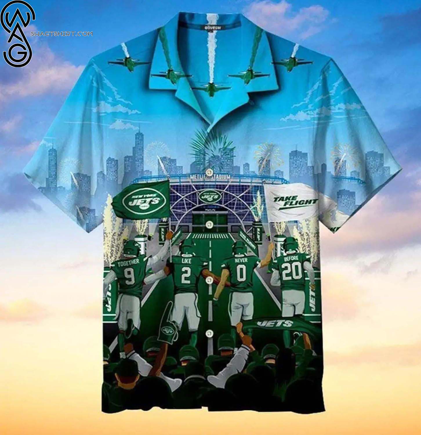 New York Jets Logo And Coconut Trees Summer Aloha Hawaiian Shirt