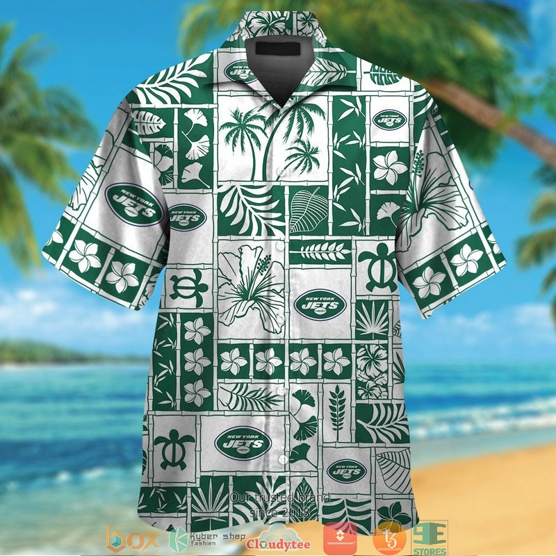 New York Jets Hibiscus Leaf Square Pattern Hawaiian Shirt, Short