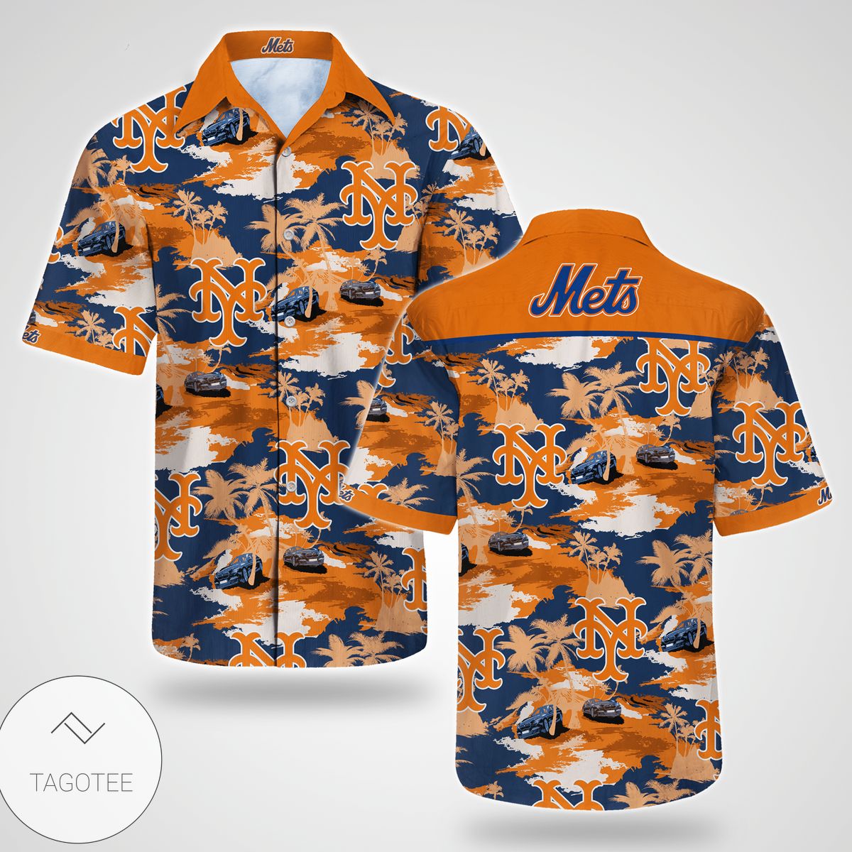 New York Mets Mini Print Logo Button Up Royal Hawaiian Shirt