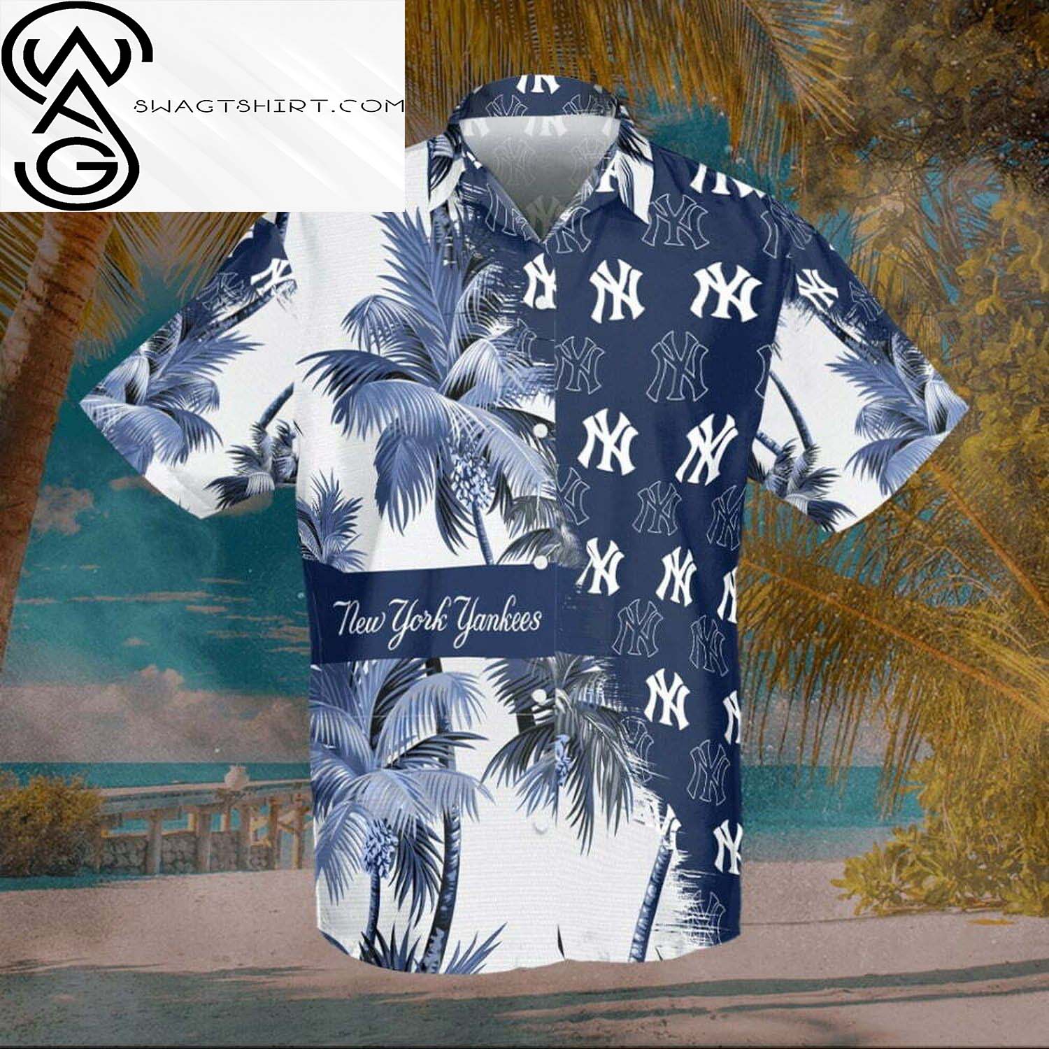 New York Yankees All Over Print Summer Stripes Floral Summer Hawaiian Beach Shorts