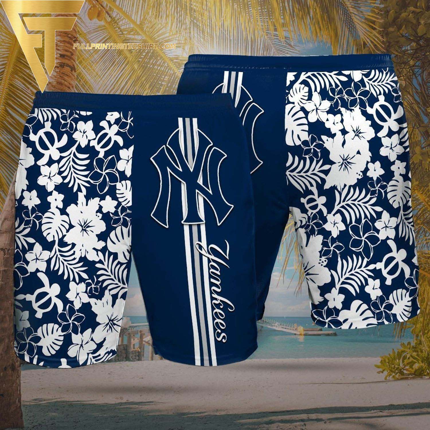 New York Yankees All Over Print Summer Stripes Floral Summer Hawaiian Beach Shorts