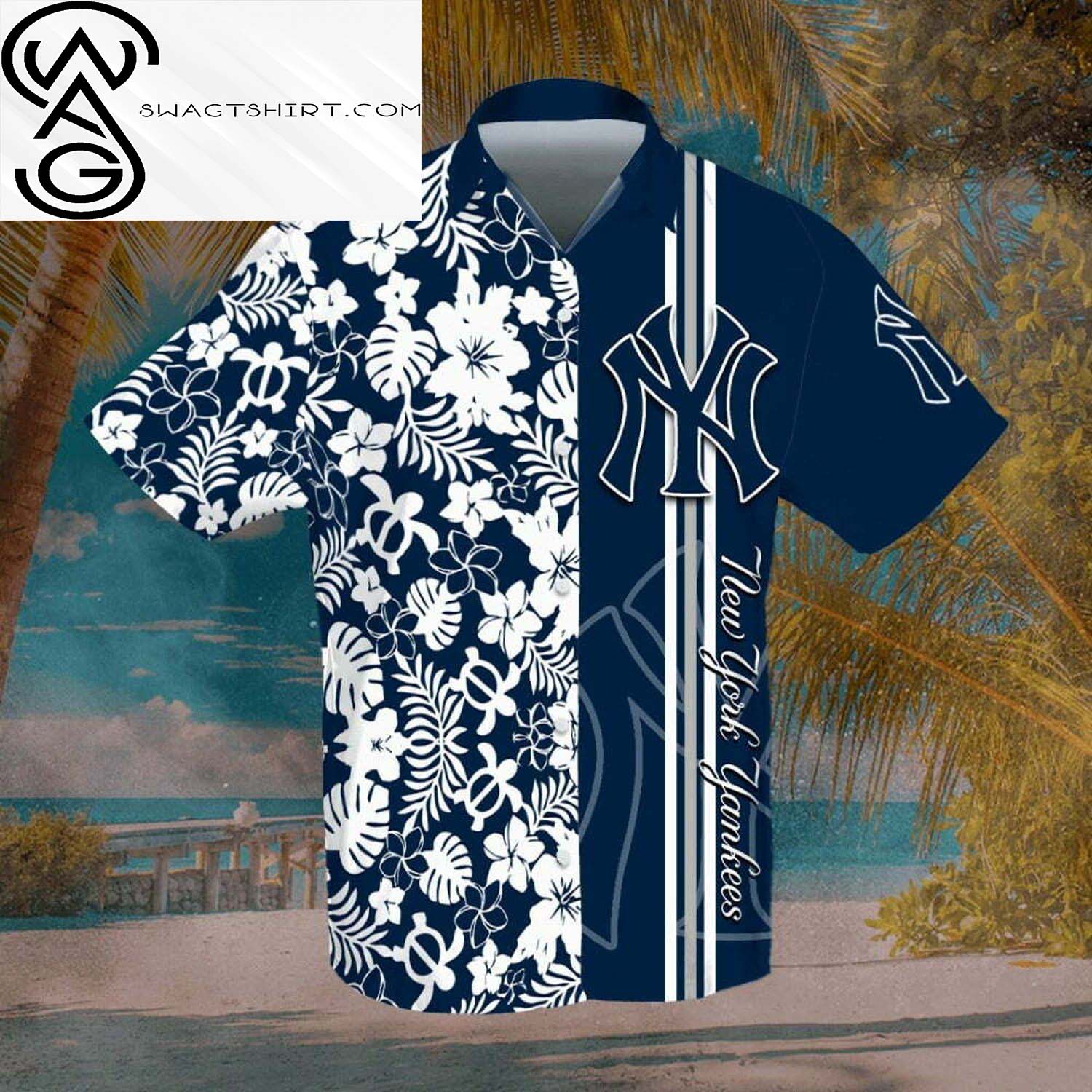 New York Yankees All Over Print Aloha Stripes Floral Summer Vacation Hawaiian Shirt