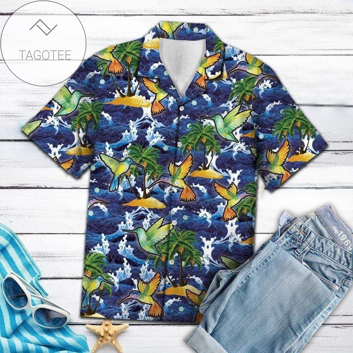 Ocean Waves Hummingbird Tropical Vibe Hawaiian Aloha Shirts