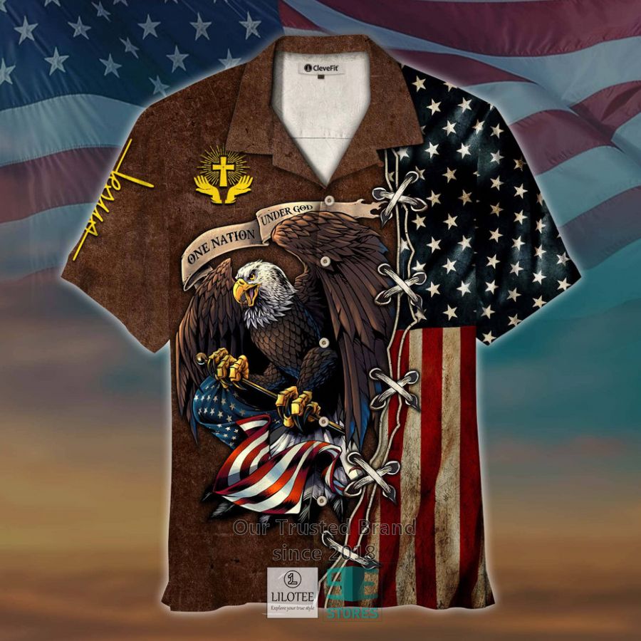 One Nation Under God Eagle US Flag Cyan Hawaiian Shirt