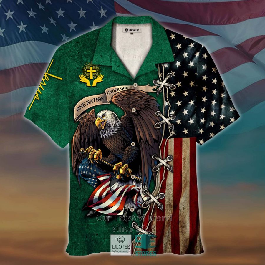 One Nation Under God Eagle US Flag Blue Hawaiian Shirt