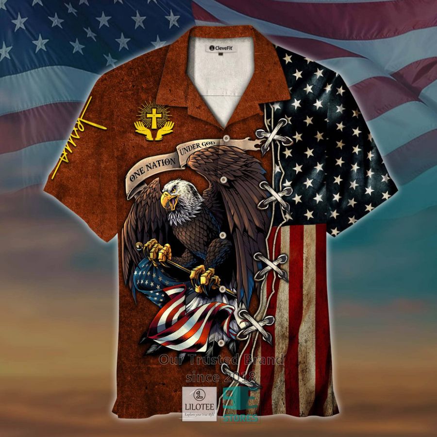 One Nation Under God Eagle US Flag Blue Hawaiian Shirt