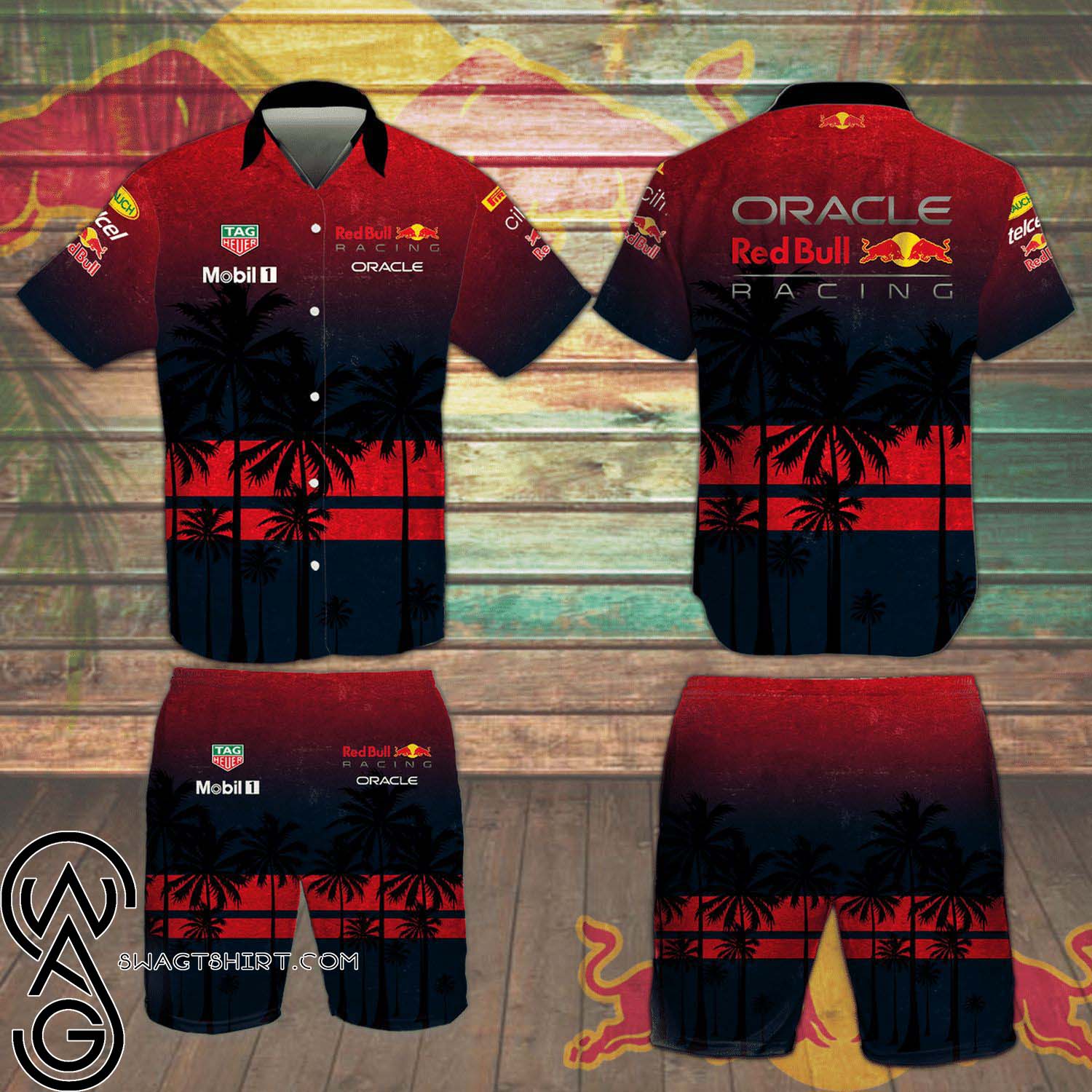 Oracle Red Bull Racing Palm Tree Pattern All Over Print Summer Vacation Hawaiian Shirt And Beach Shorts