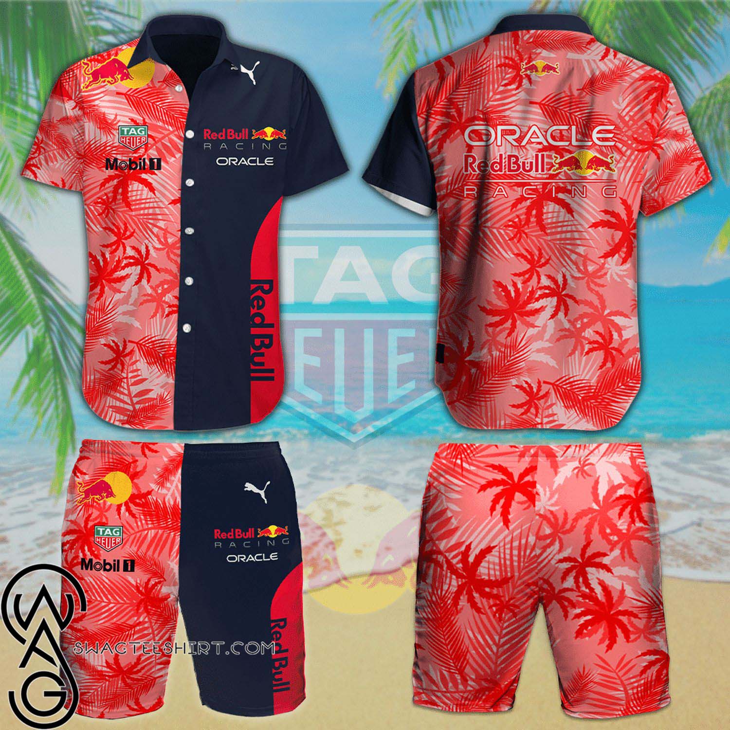 Oracle Red Bull F1 Racing Mobil 1 Tag Heuer Palm Tree All Over Print Summer Vacation Hawaiian Shirt And Beach Shorts