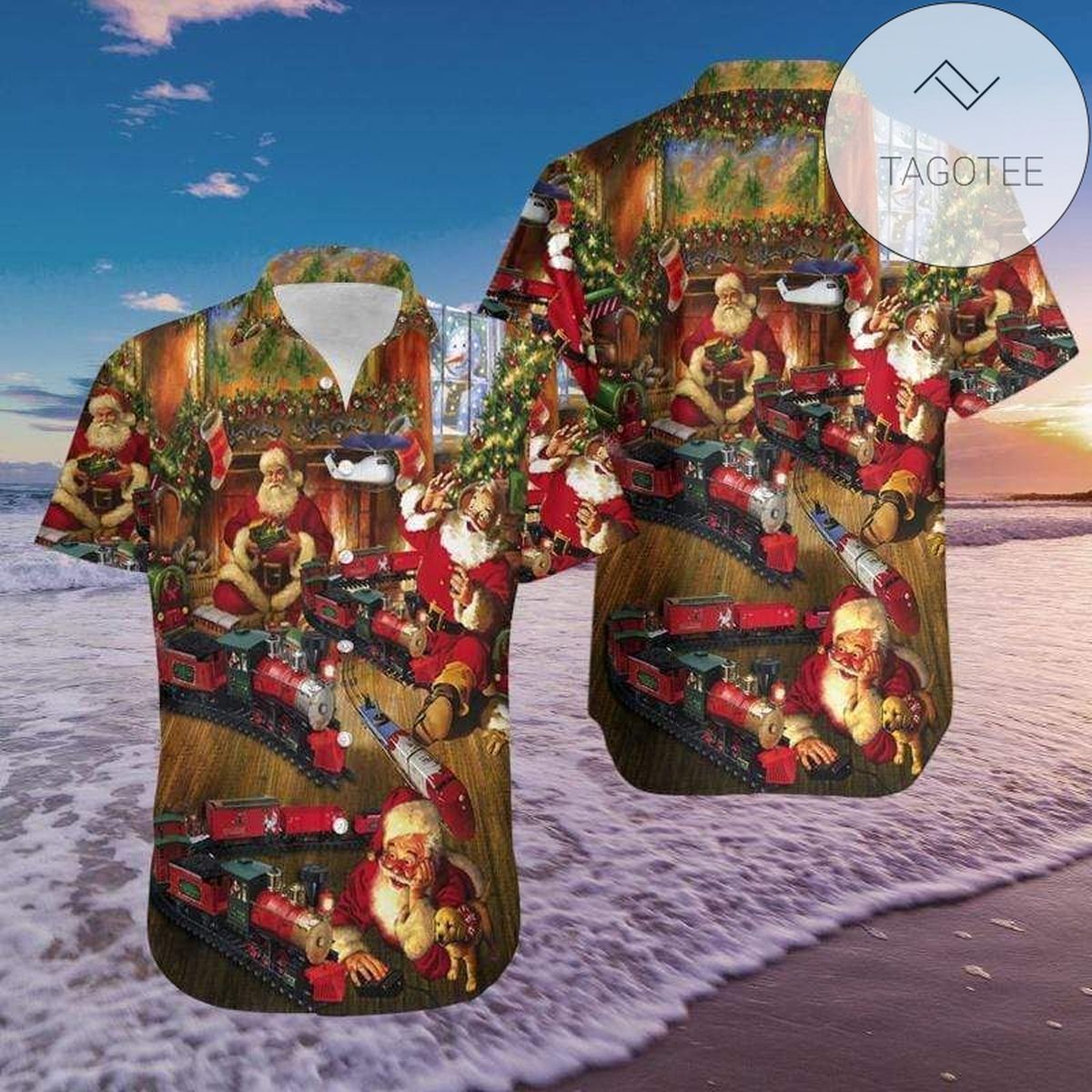 Order Funny Santa Claus Surfing Red Caro Pattern Hawaiian Aloha Shirts 3010h