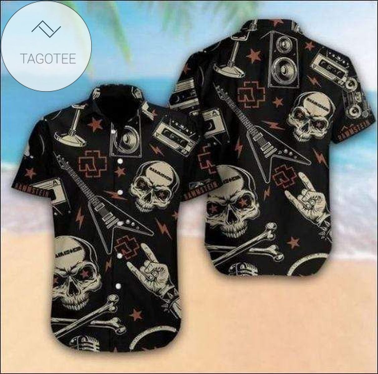 Order Hawaiian Aloha Shirts Rammstein Black Skull Guitar