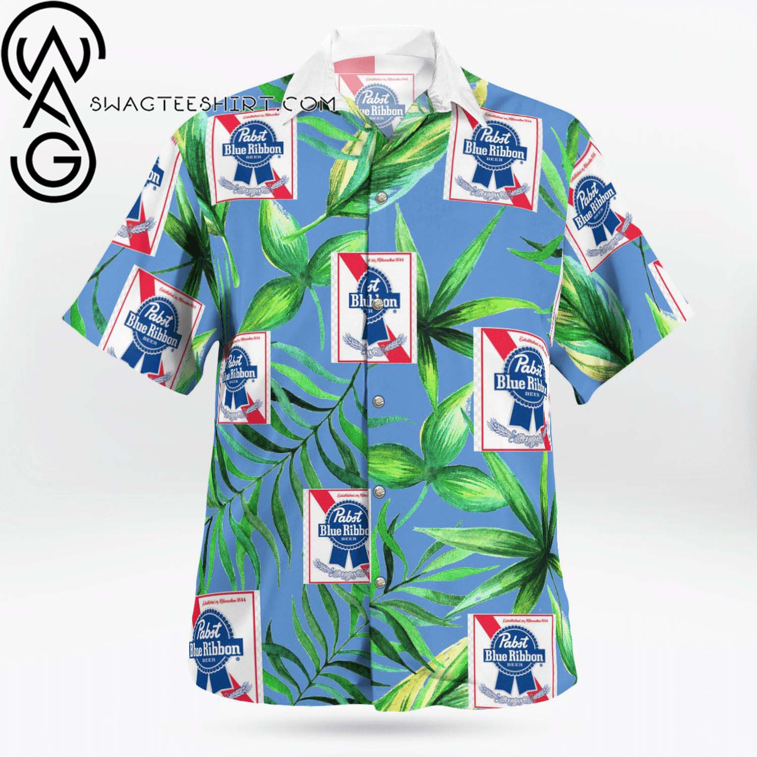 Pabst Blue Ribbon Beer All Over Print Aloha Floral Summer Vacation Hawaiian Shirt